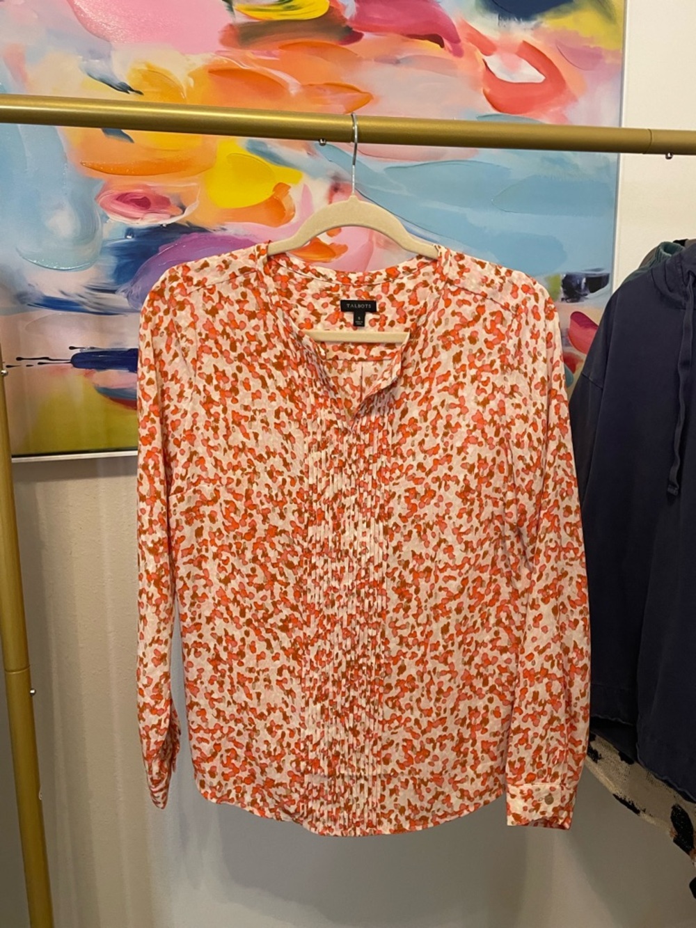 Talbots Orange & White Floral Pintuck Long Sleeve Blouse Women’s Small